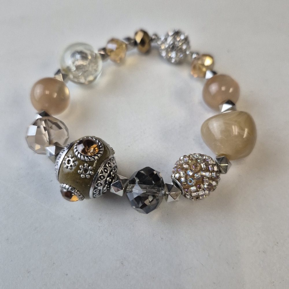 Beaded Bracelet Neutral Tones Magnet Clasp Textured Mixed Beads Boho Jewelry
